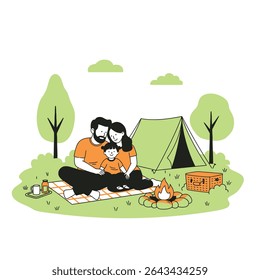 Happy family enjoying outdoor leisure, camping in nature. Simple flat vector art.