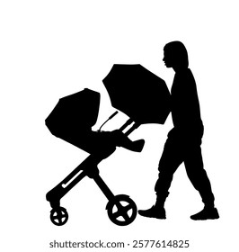 Happy family enjoying outdoor vector silhouette illustration isolated on white background. Mothers day. Mom and baby in pram daughter walking shape shadow. Love tenderness in public. Girl and parent.