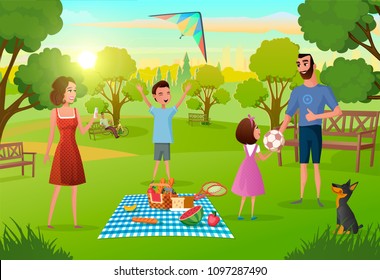 Happy Family Enjoying Picnic on Meadow in Park Cartoon Vector Illustration. Parents Having Fun, Lunching, Playing with Kids on Weekend Leisure. Dinner on Nature, Summer Vacations, Outdoor Activities