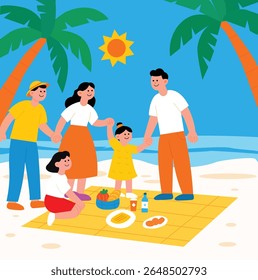 Happy Family Enjoying Picnic on Beach Under Palm Trees – Summer Vacation Illustration