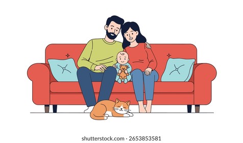 Família feliz desfrutando de tempo de qualidade juntos em um sofá acolhedor com seu gato de estimação amado