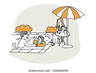 Happy family enjoying a summer vacation in the pool Warm hand-drawn portrait illustration vector on a white background
