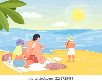 Happy family enjoying summer vacation on beach vector illustration. Man and woman married couple with child rest at seaside of tropical resort cartoon. People activity on holiday