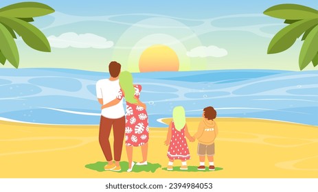 Happy family enjoying sunset at tropical beach vector illustration. Parent and children walking on seaside together and relaxing. Vacation on tropical resort concept
