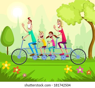 Happy family enjoying tandem bicycle ride