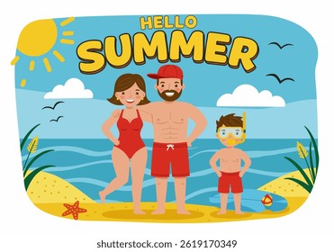 Happy family enjoying their summer holiday vacation at the beach with a surfboard and snorkeling gear. Flat illustration style with bright, cheerful colors