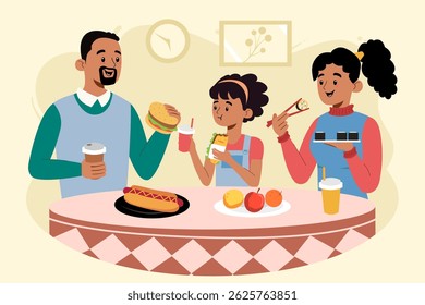 Happy family enjoying various meals together in a flat vector illustration. Perfect for food, lifestyle, and family themes in web, app, or editorial designs.