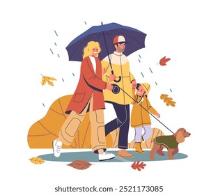 Happy Family Enjoying A Walk In Autumn Rain, All Holding Umbrellas. Parents, Child And Dog Dressed In Colorful Clothing