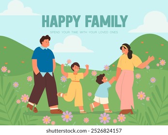 Família feliz desfrutando de um passeio em um campo cheio de flores, mostrando alegria e união ao ar livre.