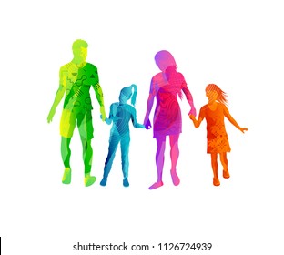 A happy family enjoying walking together and holding hands in colourful textures. Vector illustration