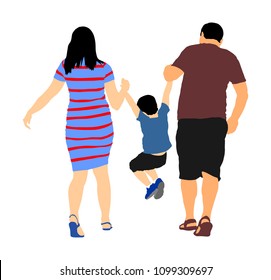 Happy family enjoying in walking vector illustration. Mother and father holding hands with son. Kid play swing game with parents walk. Fathers day, mothers day with child. Boy birthday celebration. 