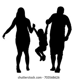 Happy family enjoying in walking vector silhouette illustration. Mother and father holding hands with his son. Kid play game with parents. Fathers day or mothers day concept. Birthday celebration. 