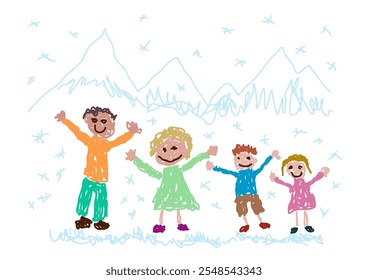 Happy family enjoying winter holidays in a snowy mountain landscape, depicted in a colorful childlike style. Vector naive illustration that looks like it was made by a child