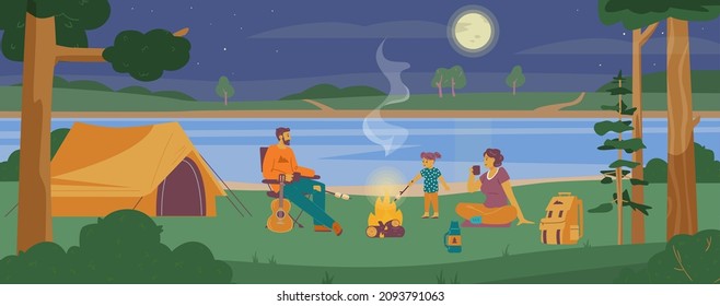 Happy family enjoys landscape at the campsite with tent and bonfire, flat vector illustration. Couple with child roast marshmallow on the fire at night by moonlight. Camp in nature and forest.