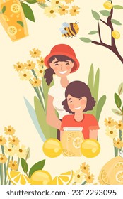 Happy family enjoys the outdoors while sipping refreshing lemonade and sharing moments of joy. Concept of active recreation in nature. Poster for or invitation for your design. Vector.