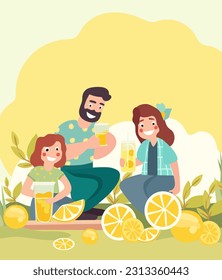 Happy family enjoys the outdoors while sipping refreshing lemonade and sharing moments of joy. Concept of active recreation in nature. Poster for or invitation for your design. Vector.