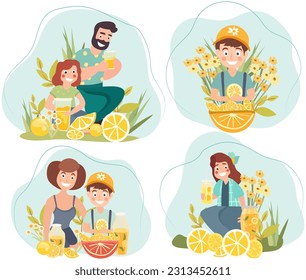 Happy family enjoys the outdoors while sipping refreshing lemonade and sharing moments of joy.Fruit drink, mother, father and child, flowers.Picnic on the nature.Poster for your design. Vector.