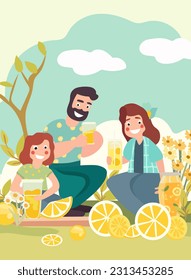 Happy family enjoys the outdoors while sipping refreshing lemonade and sharing moments of joy. Concept of active recreation in nature. Poster for or invitation for your design. Vector.