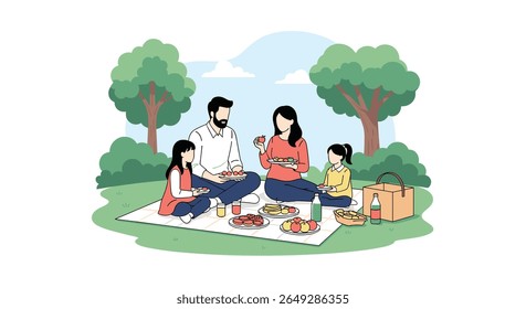 A Happy Family Enjoys a Sunny Day Picnic in a Beautiful Green Park Surrounded by Lush Trees and Gentle Hills