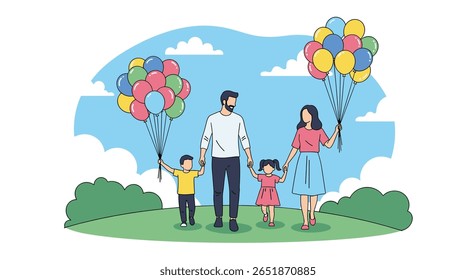 A happy family enjoys a sunny day outdoors holding colorful balloons together