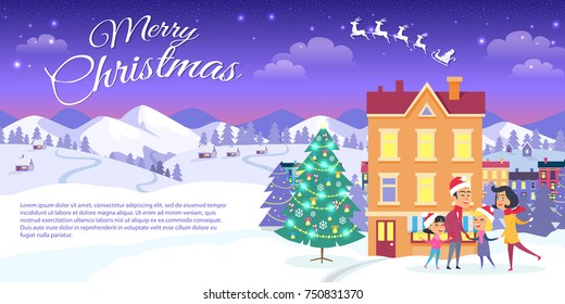 Happy family entertain near home on winter landscape. Merry Christmas written on blue sky. Vector illustration happy family is outside near decorated Christmas tree. Behind house snowy mountains