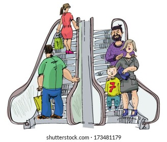 happy family at escalator - cartoon 