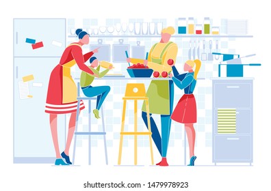 Happy Family Everyday Routine On Kitchen. Mother And Father Cooking Dishes, Teaching Kids, Daughter And Son Help Parents. Weekend Sparetime Together, Leisure, Duties. Cartoon Flat Vector Illustration