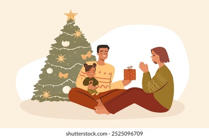 Família feliz trocando o conceito de presentes de Natal. Pais e filha em suéteres feios perto da árvore de Natal decorada. Ilustração de vetor plana desenhada à mão.