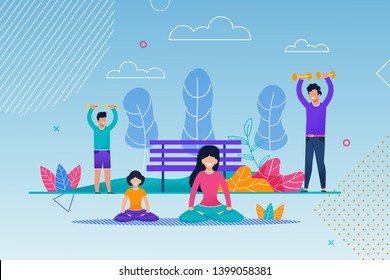 Happy Family Exercising in City Park Flat Cartoon. Mother and Daughter Doing Yoga, Stretching, Pilates, Meditating Sitting on Ground. Father and Son Doing Exercises with Dumbbells. Vector Illustration