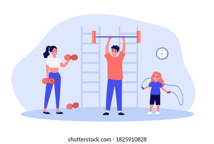 Happy family exercising in gym. Parents, kids, weightlifting, jumping rope flat vector illustration. Sport, family activity, fitness concept for banner, website design or landing web page