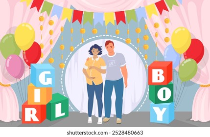 Happy family in expectant of childbirth at gender party