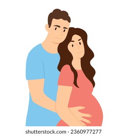 Happy family expecting a child. Vector illustration of husband and pregnant wife. Baby waiting concept.