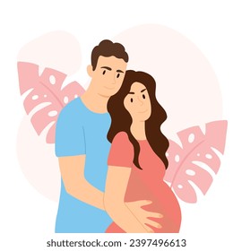 Happy family expecting a child. Vector illustration of husband and pregnant wife. Baby waiting concept.