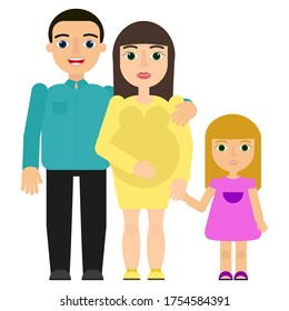 A happy family is expecting a second child. Mom, dad, daughter. Pregnant girl with daughter and husband.