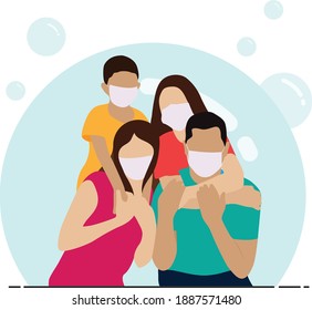 Happy family with face mask. Illustration of family using face mask for covid-19.