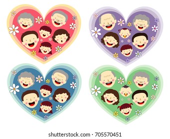 Happy family faces. Harmonious family heart graphics