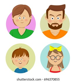 Happy family faces. Vector flat avatars. Mother, father, teen, sister, brother.