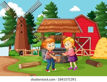 Happy family in farm scene in cartoon style illustration