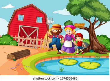 Happy family in farm scene in cartoon style illustration