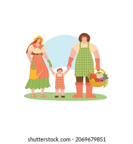 Happy family farmers vegetable growing harvest time