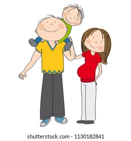 Happy family. Father carrying little child, his smiling son, on his shoulders. Pregnant mother is standing next to them, feeling happy. Original hand drawn illustration.