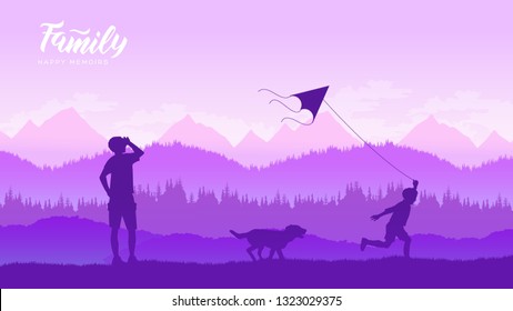 Happy family father and child daughter launch a kite on nature at sunset illustration design concept