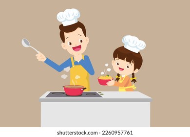 happy family with father and children girl cooking in kitchen 