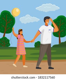 Happy family father and daughter with balloon walking in the park outdoors together outside the city summer day. Smiling dad holding child hand. Vector illustration family leisure activity flat style