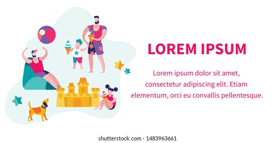 Happy Family of Father, Daughter and Son Relaxing on Beach, Boy Eating Ice Cream, Summer Time Vacation on Resort, Leisure, Man and Child Spend Time Together. Cartoon Flat Vector Illustration, Banner