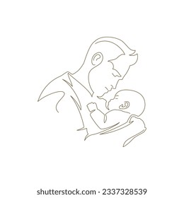 Happy family father hugging baby newborn son enjoy parenthood continuous line art style logo vector illustration. Young daddy tenderness embracing kid child with love minimal icon for Father's Day