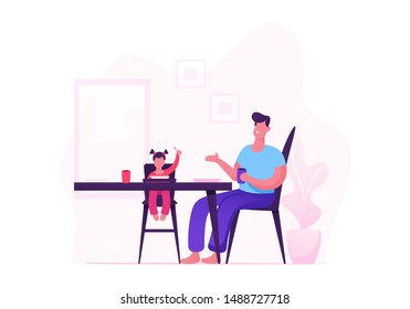 Happy Family of Father and Little Baby Girl Sitting on High Stool Having Dinner Sitting Table with Food on Kitchen. Dad Feed Daughter, People Eating Meal During Lunch. Cartoon Flat Vector Illustration