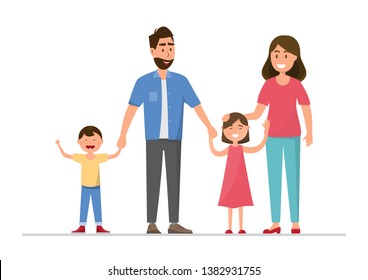 Happy family. Father, mother, baby, son and daughter. Vector illustration flat design cartoon character