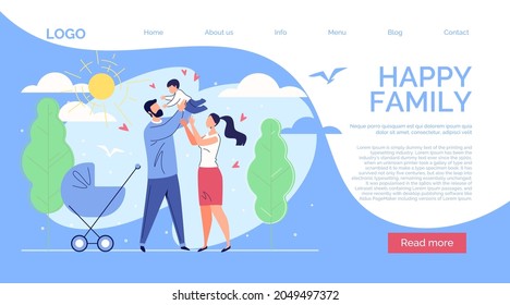 Happy Family: Father, Mother and Baby in the Background of Nature and the Shining Sun. Template Design with Text, Logo, Button. Vector Illustration in Flat Cartoon Style.