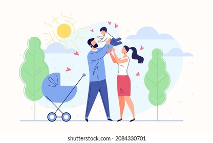 Happy Family: Father, Mother and Baby in the Background of Nature and the Shining Sun. Vector Illustration in Flat Cartoon Style.